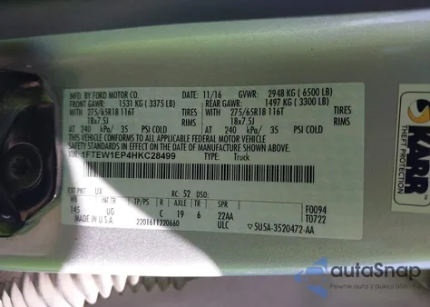 2017 Ford F-150 Xlt z USA, uszkodzony, nr VIN 1FTEW1EP4HKC28499